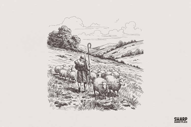 Shepherd with Sheep PNG Design, Vintage Farm Animal