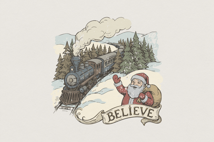 Believe Christmas Santa Train PNG, Vintage Winter Holiday