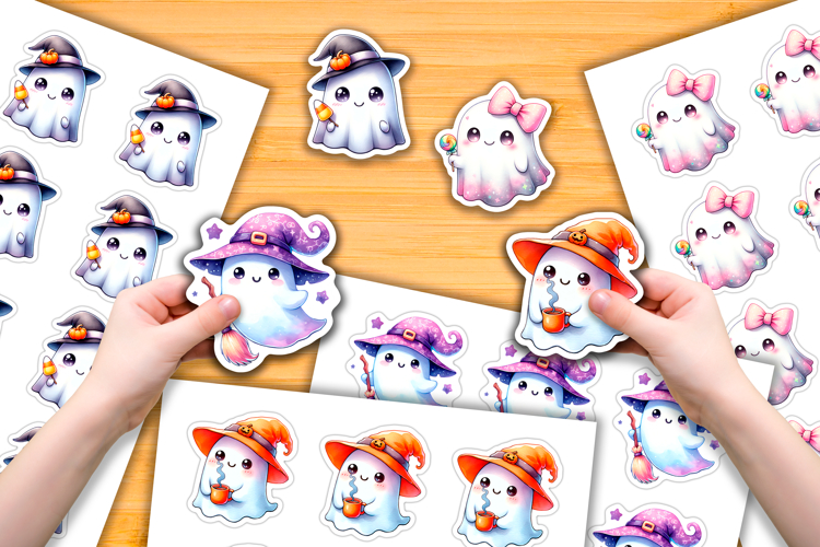 4 Scary Cute Ghost Stickers, Digital Sticker Sheets PNG