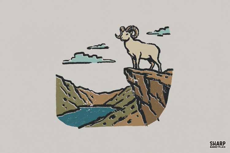 Mountain Goat Cliff Scene, Trendy PNG Design, Shirt