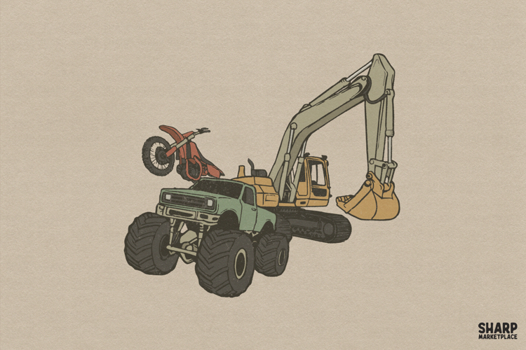 Monster Truck Excavator And Dirt Bike Pile Graphic Boys