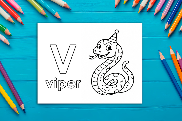 Letter V Coloring Page, Viper Printable Design for Kids
