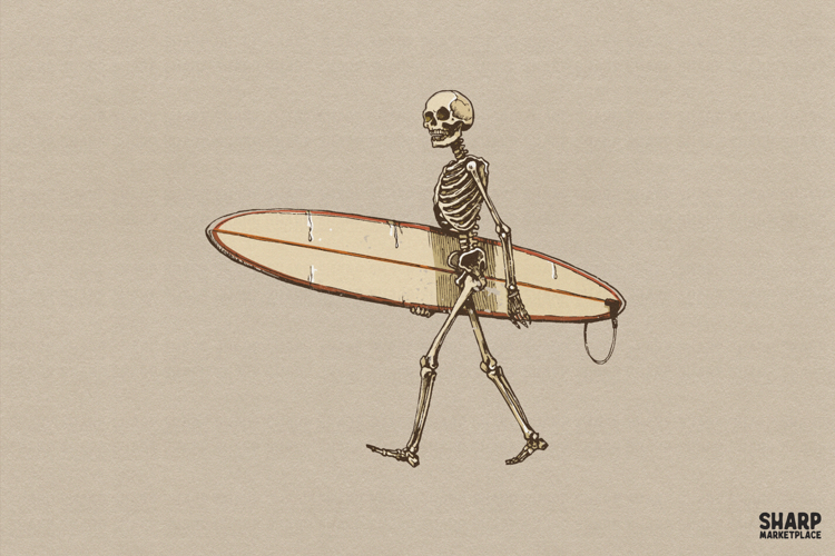 Surfing Skeleton Carrying Longboard Beach PNG, Halloween