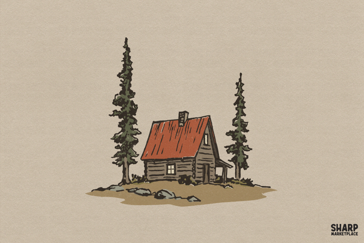 Rustic Log Cabin in the Woods Vintage Illustration, Camping