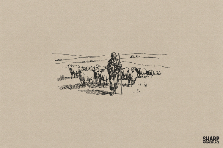 Vintage Shepherd With Flock Of Sheep Sketch Design