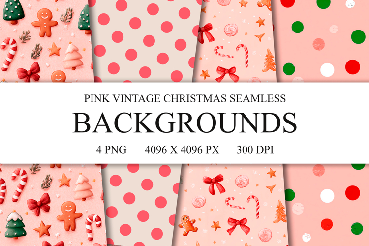 4 Pink Vintage Christmas Seamless Patterns, Digital Paper