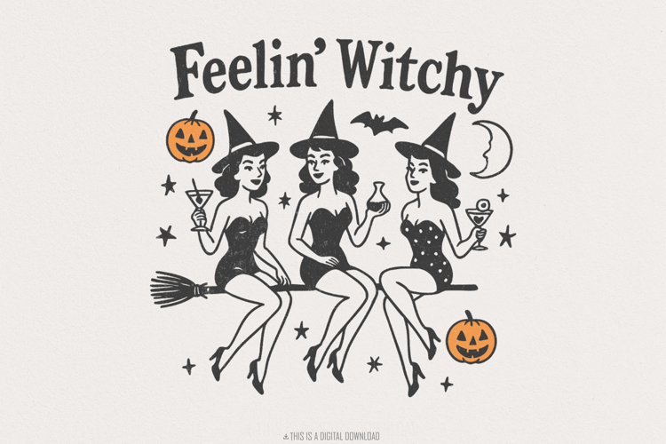 Feelin' Witchy PNG, Retro Halloween Witches, Vintage Witch example image 1
