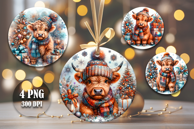 4 Vintage Christmas Bull Round Ornaments, Xmas Sublimation