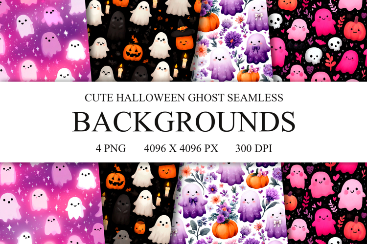 4 Cute Halloween Ghost Seamless Patterns, Digital Paper PNG