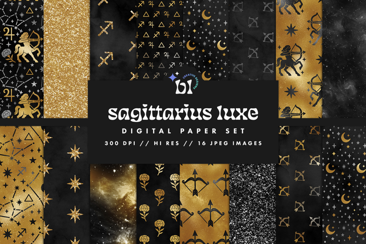 16 Black & Gold Sagittarius Zodiac Seamless Patterns