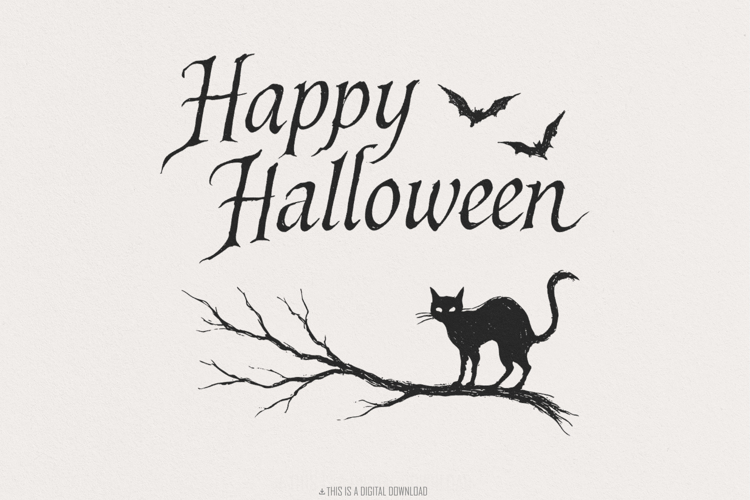 Happy Halloween Black Cat PNG, Spooky Bat Halloween PNG example image 1