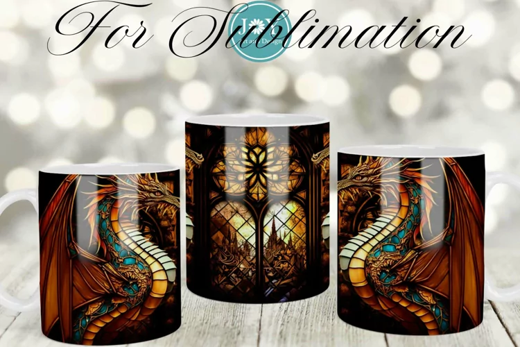 FAUX STAINED GLASS DRAGON SUBLIMATION MUG WRAP DESIGN