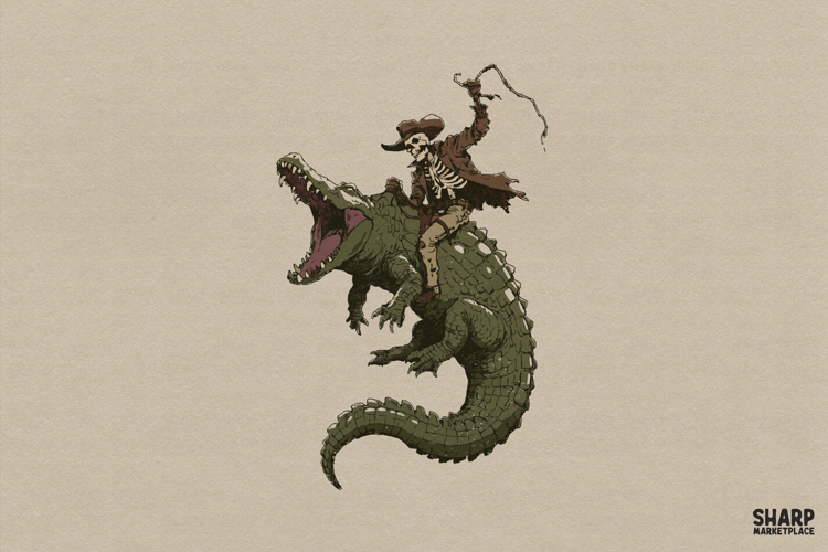 Skeleton Cowboy Riding A Crocodile Western Png Gothic Gator