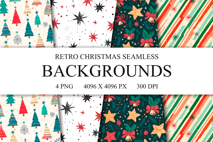4 Retro Christmas Seamless Patterns, Xmas Digital Paper PNG