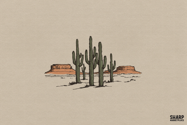 Saguaro Cactus Desert Landscape Illustration, Retro Western