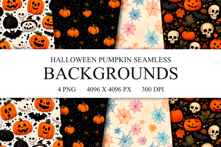 4 Halloween Pumpkin Seamless Patterns, Digital Paper PNG