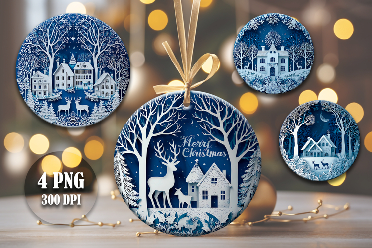 4 Christmas Paper Cut Round Ornaments, Xmas Sublimation PNG