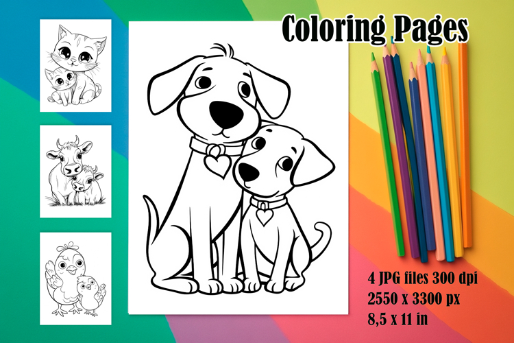 4 Cute Pets Coloring Pages, Mothers Day Printable Designs
