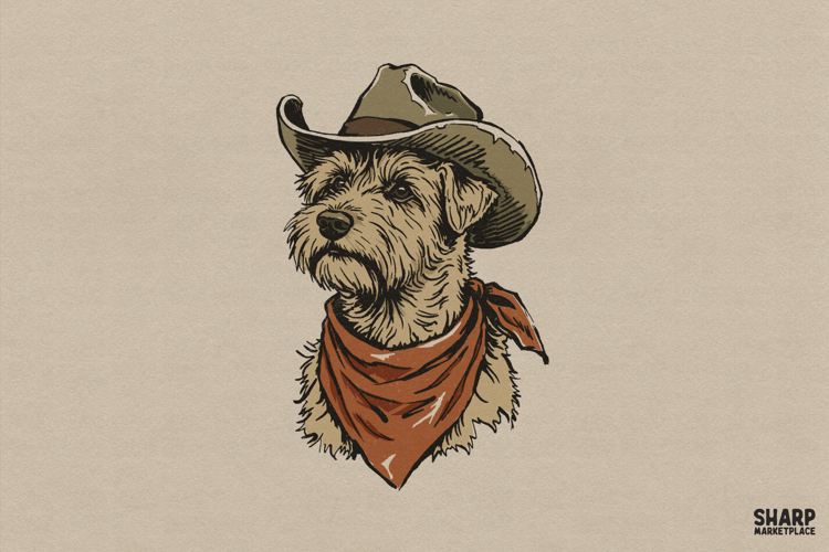 Scruffy Cowboy Dog Portrait With Western Hat, Bandana Style