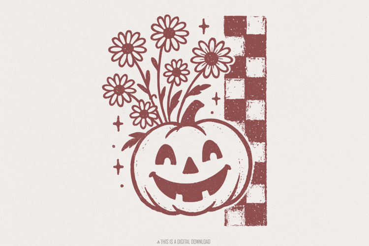 Pumpkin With Flowers PNG, Retro Halloween Digital Download,