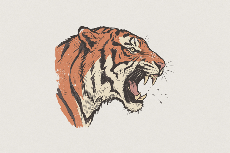 Roaring Tiger PNG, Wild Animal Art, Vintage Tiger