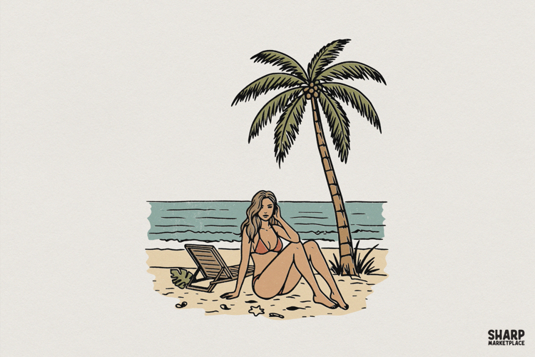 Retro Beach Girl PNG, Summer Palm Tree Digital Design,