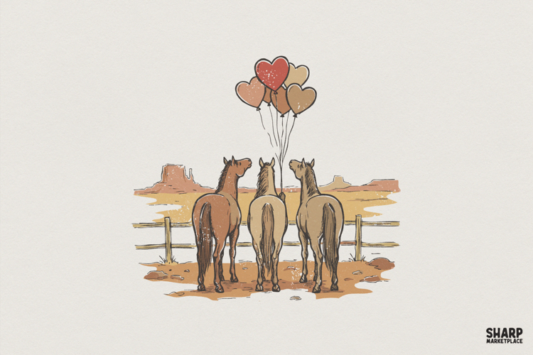 Western Horses With Heart Balloons PNG, Cute Cowboy Decor,