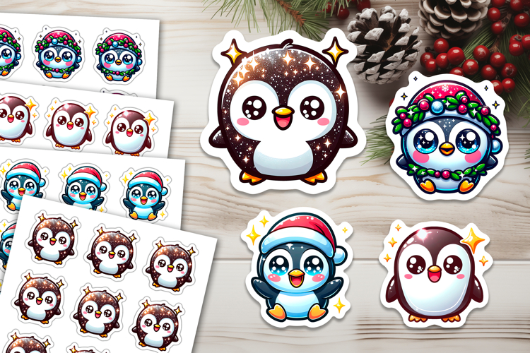 4 Funny Christmas Penguin Stickers, Xmas Stickers PNG Files