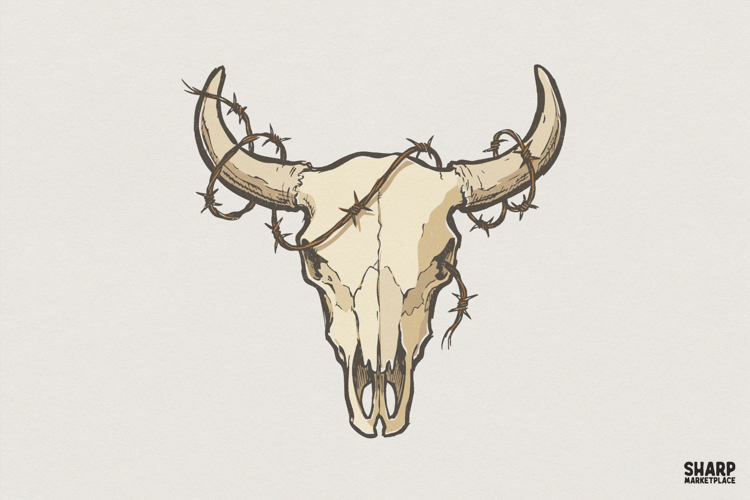 Cow Skull PNG, Western Barbed Wire Skull Clipart, Rustic