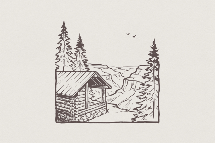 Rustic Cabin PNG, Mountain Landscape Art Print, Nature example image 1
