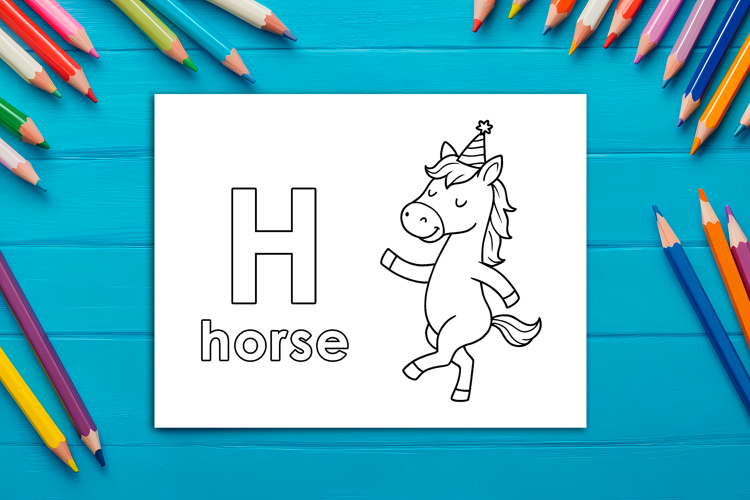 Letter H Coloring Page, Horse Printable Design for Kids