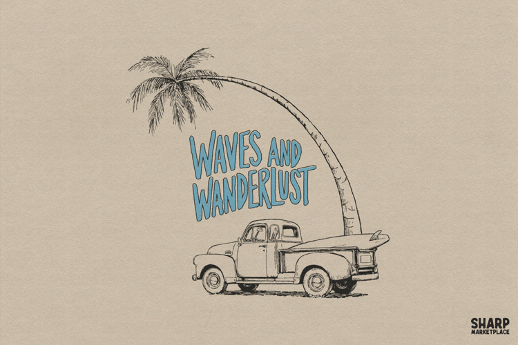 Waves And Wanderlust Vintage Truck With Surfboard Png,