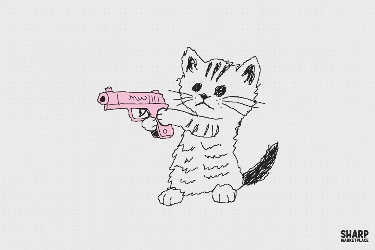 Hand Drawn Kitten Holding Pink Toy Blaster PNG, Funny Cat example image 1
