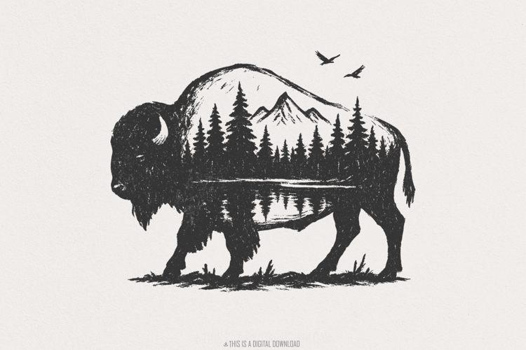 Bison Double Exposure PNG, Nature Mountain Forest Wildlife