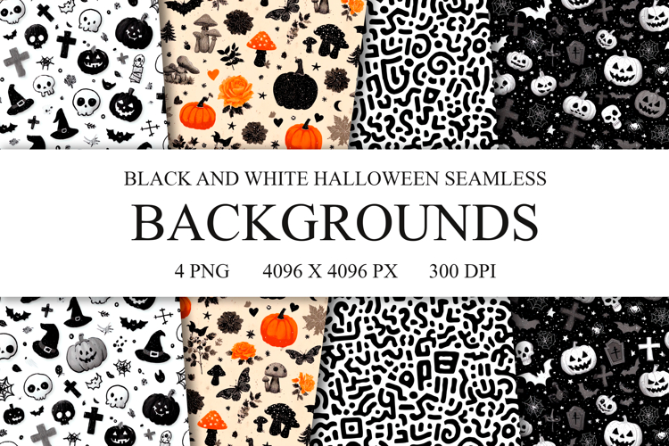 4 Spooky Halloween Seamless Patterns, Digital Paper PNG