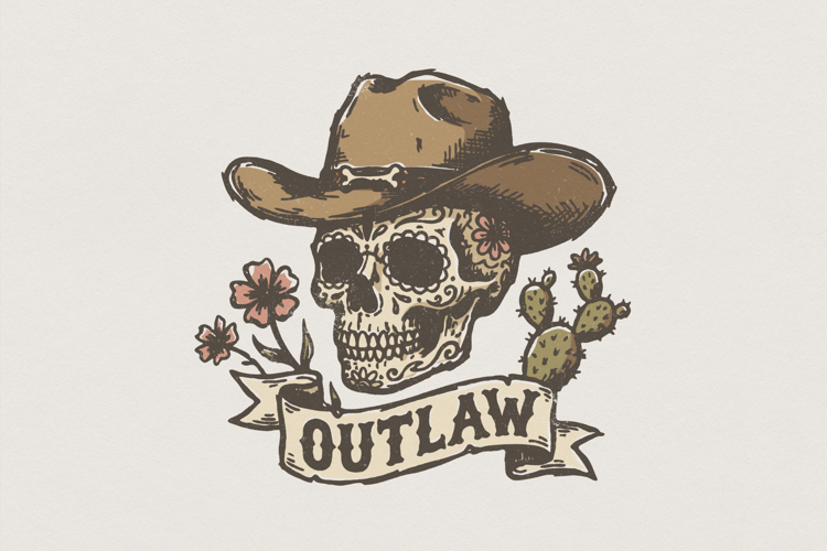 Outlaw PNG Skull, Western Floral Cowboy Hat PNG, Cactus