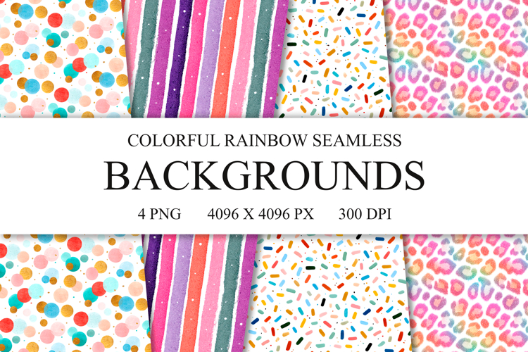 4 Colorful Rainbow Seamless Patterns, Digital Paper PNG