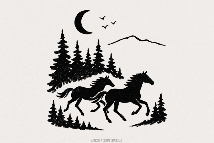 Wild Horses PNG, Forest Landscape Digital Download, Running