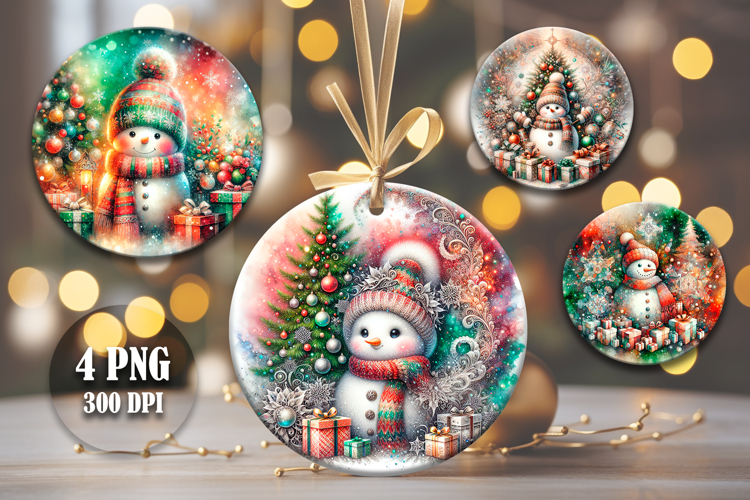 4 Sparkling Snowman Round Ornaments, Xmas Sublimation PNG