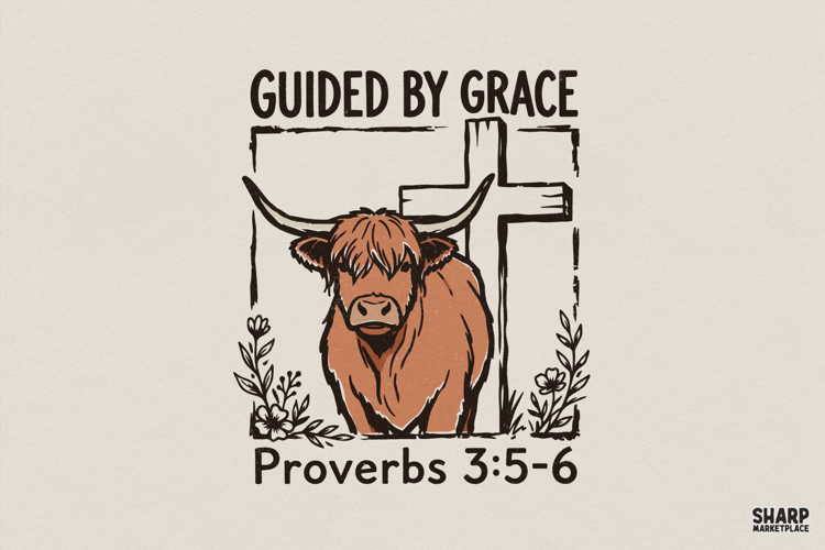 Guided By Grace PNG, Christian Bible Verse Highland Cow