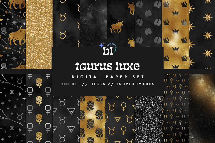 16 Black & Gold Taurus Zodiac Seamless Patterns