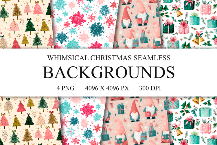 4 Whimsical Christmas Seamless Patterns, Xmas Digital Paper