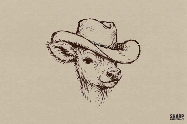 Baby Highland Cow In Cowboy Hat Sketch, Highland Cow PNG,