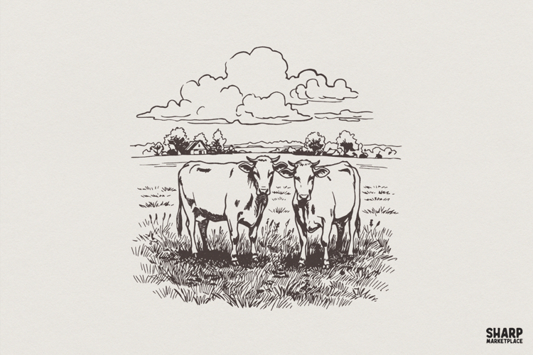Vintage Farm Cow PNG Design, Country Cattle Sketch Digital