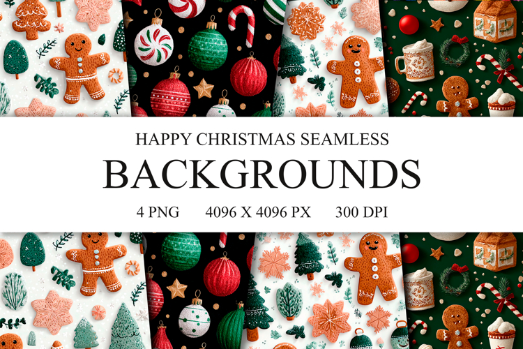 4 Happy Christmas Seamless Patterns, Xmas Digital Paper PNG