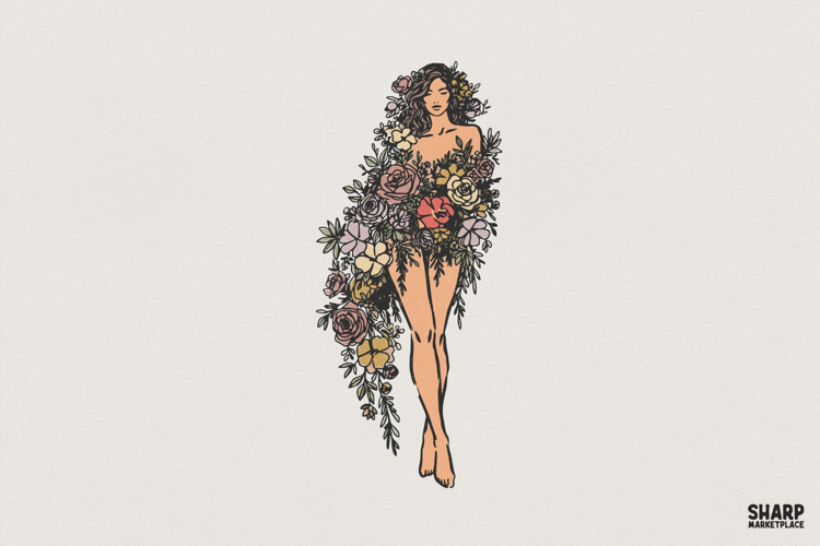 Floral PNG Design, Boho Botanical Flower Woman Art,