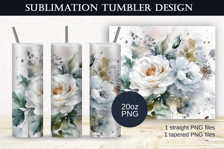 Watercolor White Roses Flowers Tumbler Sublimation Design example image 1