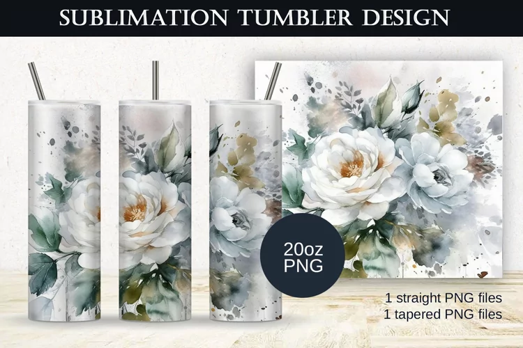 Watercolor White Roses Flowers Tumbler Sublimation Design