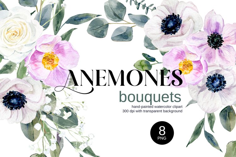 Watercolor anemones bouquets Clipart PNG / Sublimation example image 1