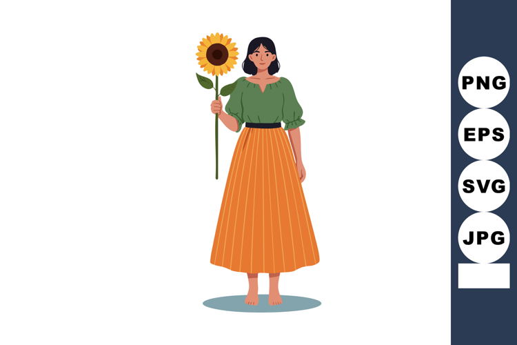 Woman holding sunflower with green blouse and orange skirt b